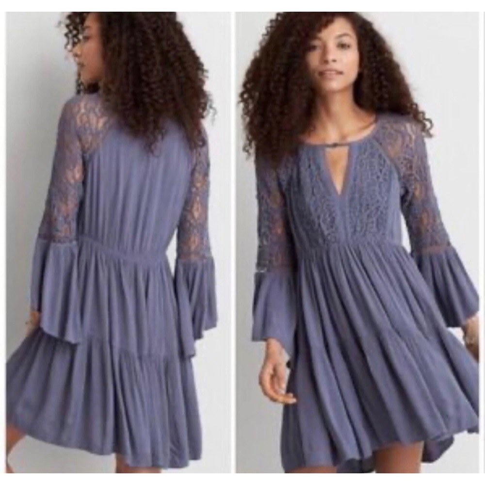American Eagle Outfitters Blue Lace Bell Sleeve Tiered Mini Dress L Boho